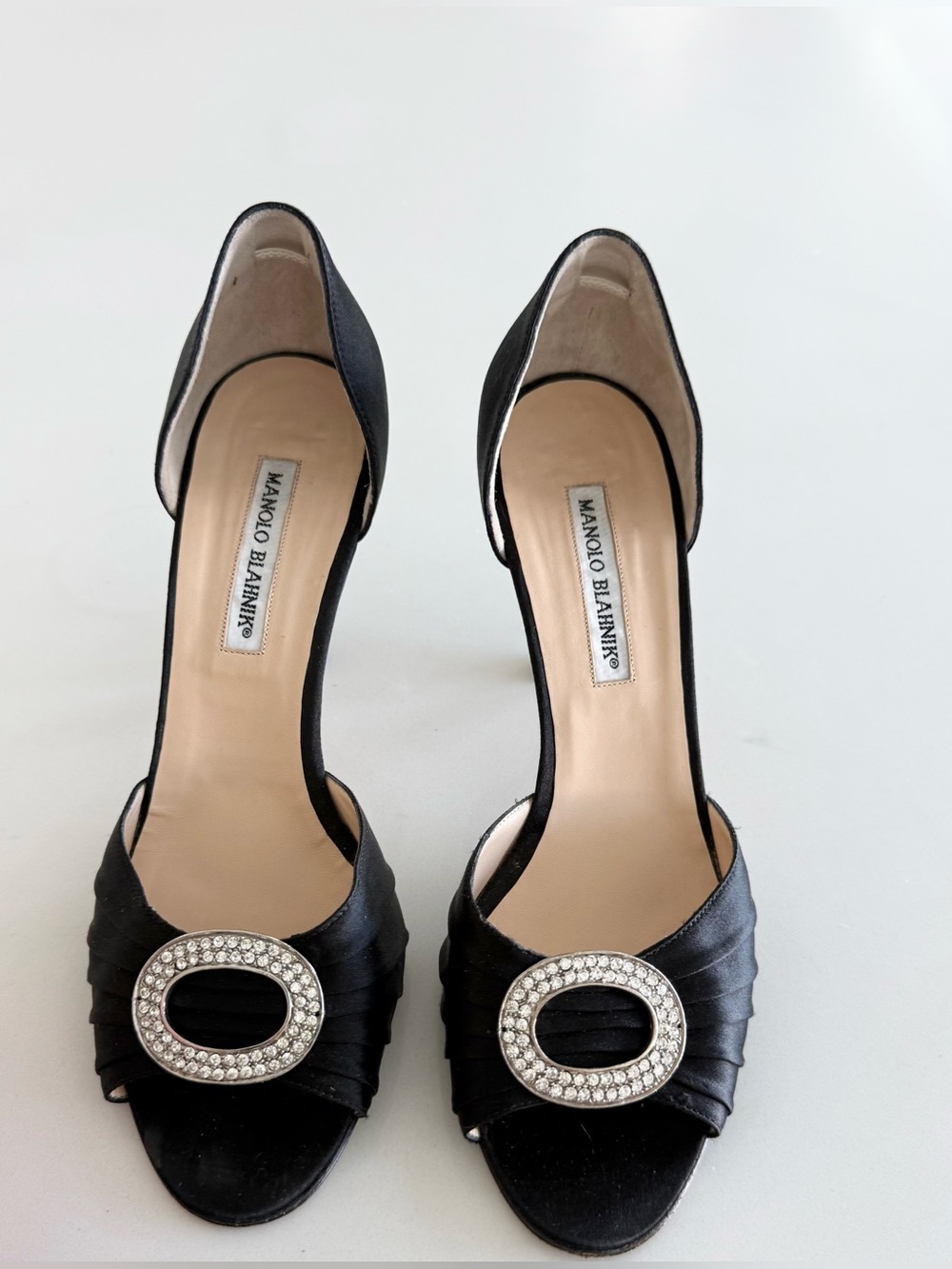 Manolo Blahnik y2k Black Satin Sedaraby Crystal D’Orsay Peep Toe Heels IT 39.5